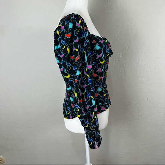 Staud Josephine Black Printed Multicolor Crepe Long Sleeve Sweetheart Top Size 6 - Picture 7 of 13